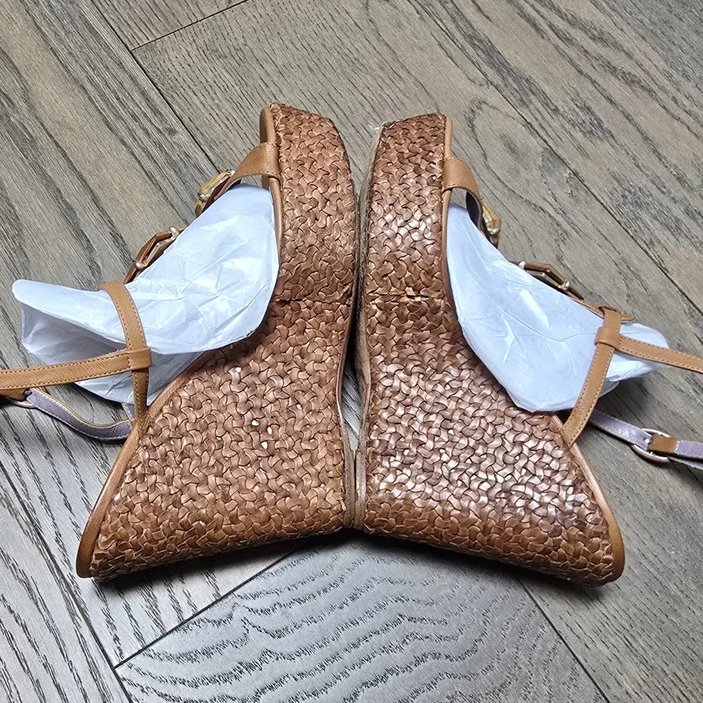 Anya Hindmarch Teak Woody Woven Leather Platform Wedge Sandal in Tan